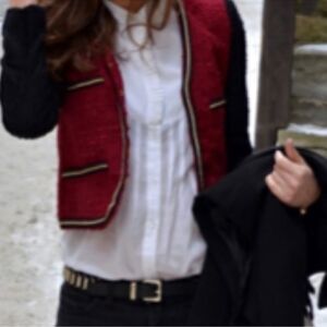MANGO Red & Black Tweed Blazer Jacket with gold chain trimming C14